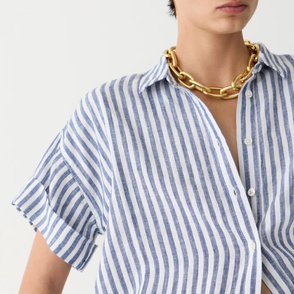 J.Crew Capitaine Linen Shirt Blue Stripe Baird McNutt Irish L - Picture 3 of 4